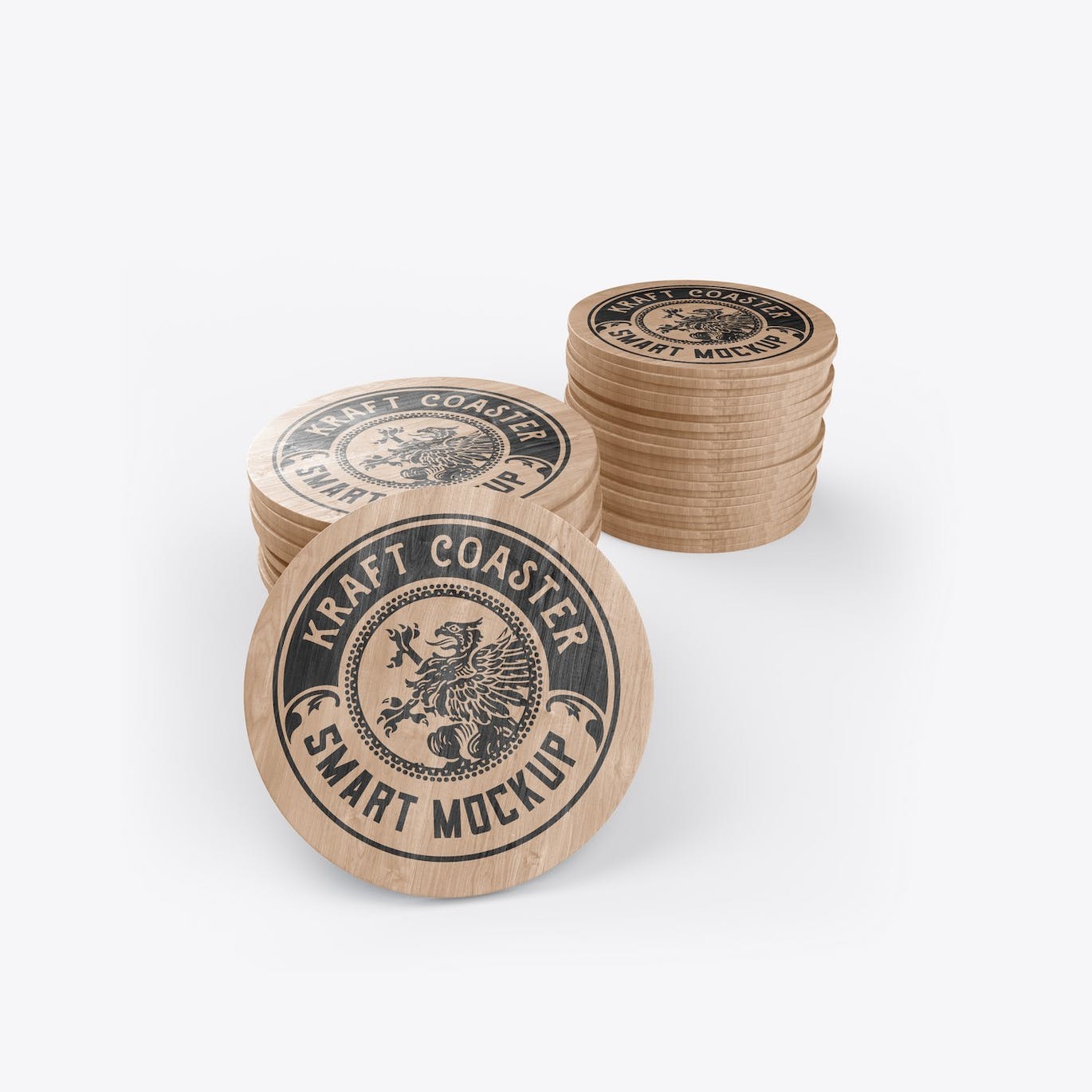 木制圆形杯垫Logo设计样机 Set Round Wooden Coaster Mockup 样机素材 sucaiwan.com
