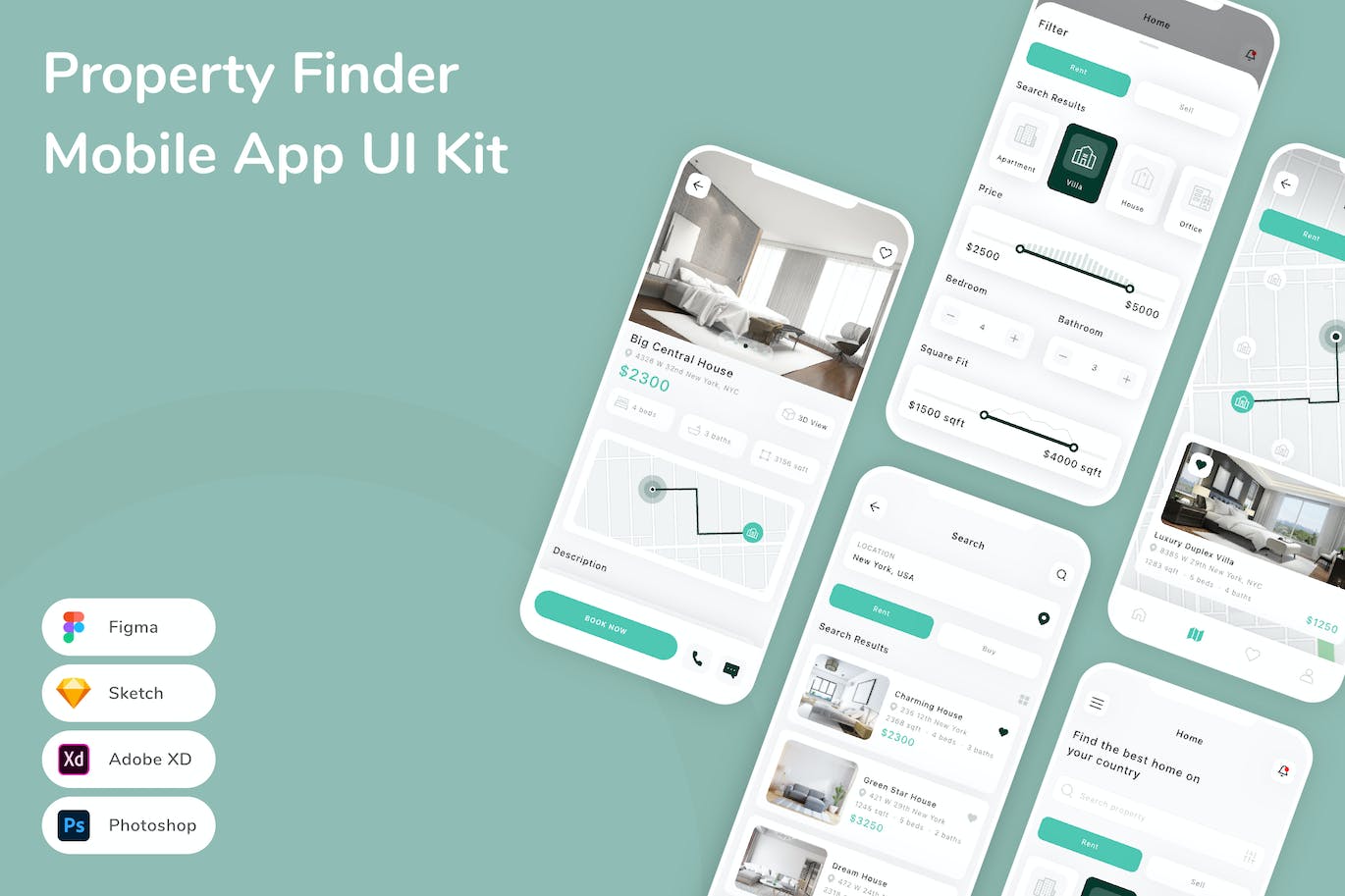 物业房屋搜索App应用程序UI设计模板套件 Property Finder Mobile App UI Kit APP UI sucaiwan.com