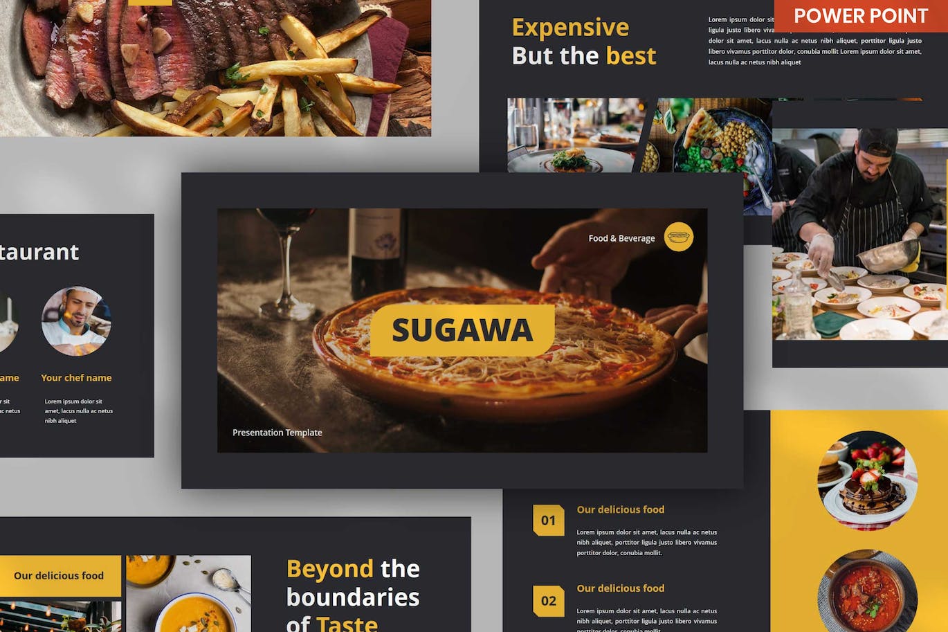 西餐厅美食PPT设计模板 Sugawa Restaurant PowerPoint 幻灯图表 sucaiwan.com