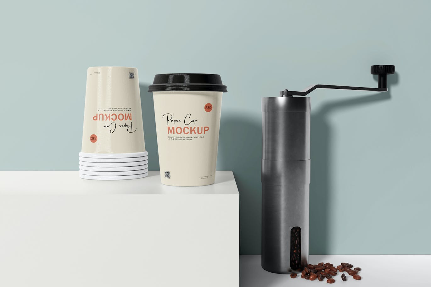 咖啡机咖啡杯包装设计样机 Coffee cup mockup with coffee machine 样机素材 sucaiwan.com