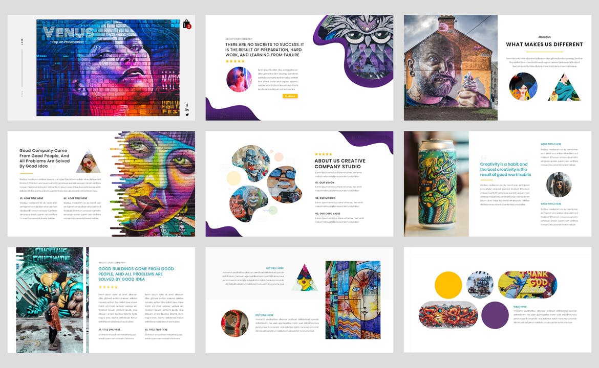 波普艺术创意PPT演示幻灯片模板 Pop Art – Creative PowerPoint Template 幻灯图表 sucaiwan.com