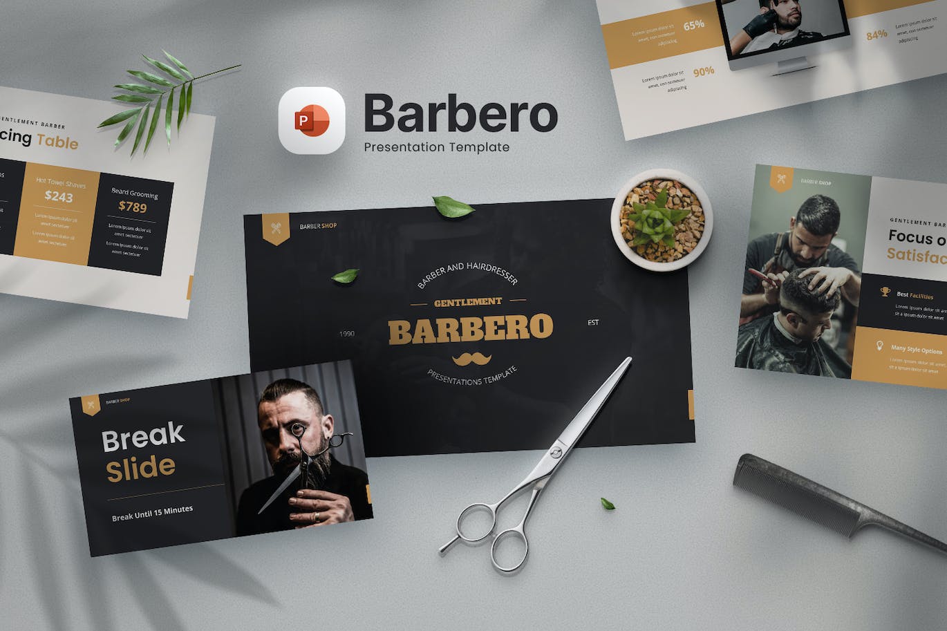 理发店和理发师Powerpoint幻灯片模板 Barbero – Barbershop Powerpoint Template 幻灯图表 sucaiwan.com