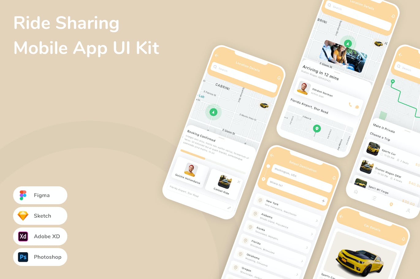 乘车拼车共享App应用程序UI设计模板套件 Ride Sharing Mobile App UI Kit APP UI sucaiwan.com