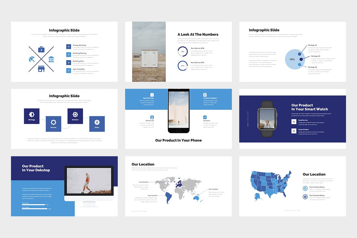 创意蓝色商业PPT演示幻灯片模板 Fovea : Creative Blue Powerpoint Template APP UI sucaiwan.com