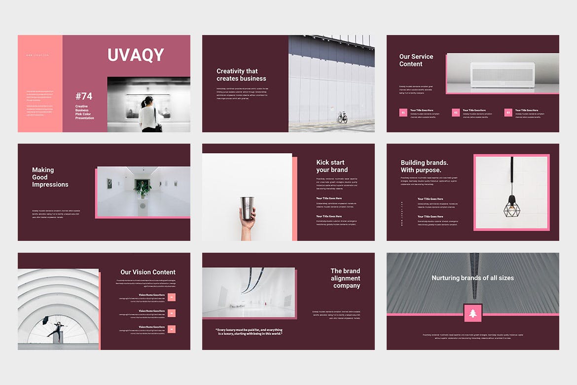 创意粉色PPT模板 Uvaqy : Creative Pink Powerpoint 幻灯图表 sucaiwan.com