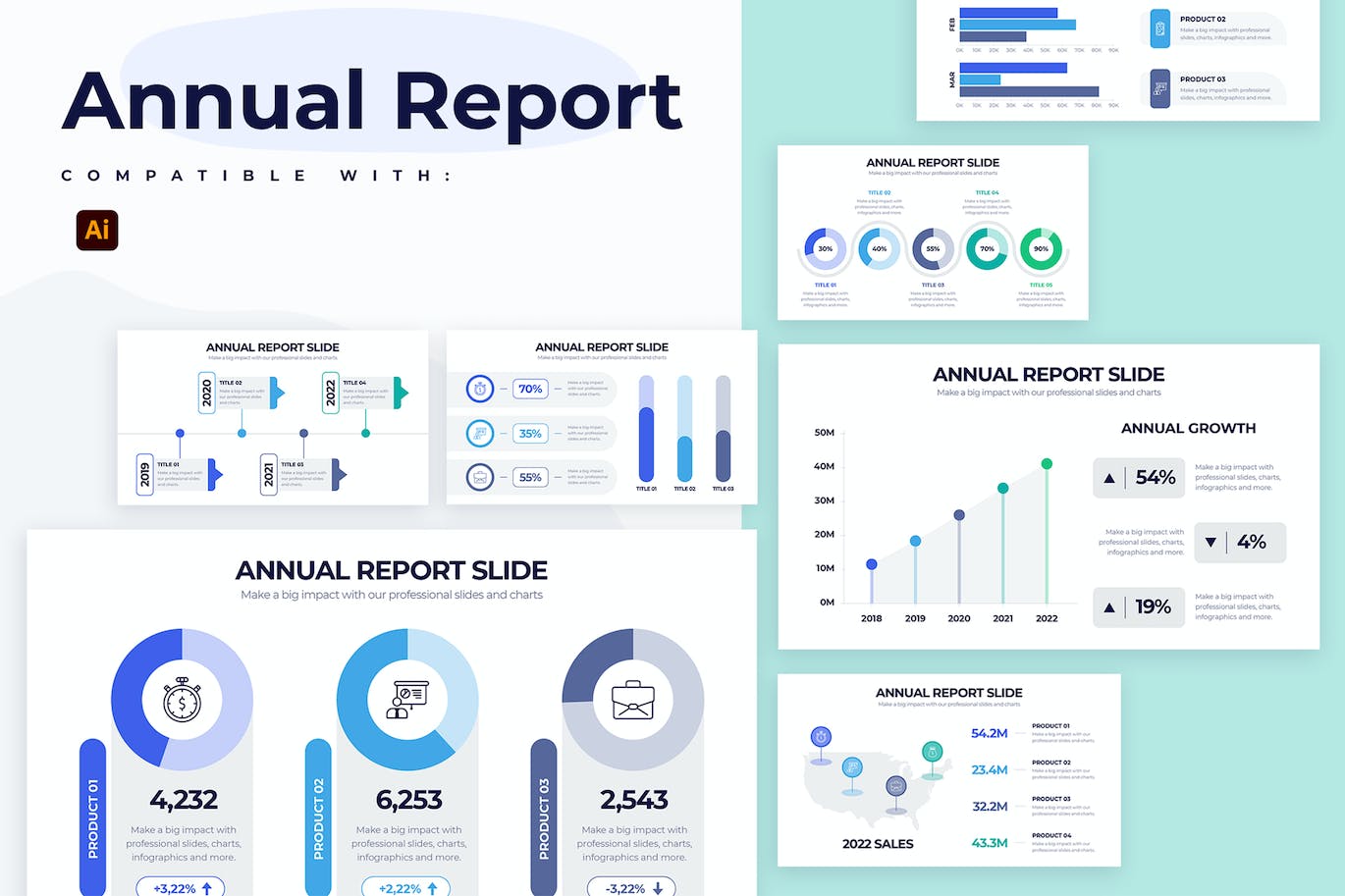 年度报告信息图表矢量模板 Business Annual Report Illustrator Infographics 幻灯图表 sucaiwan.com