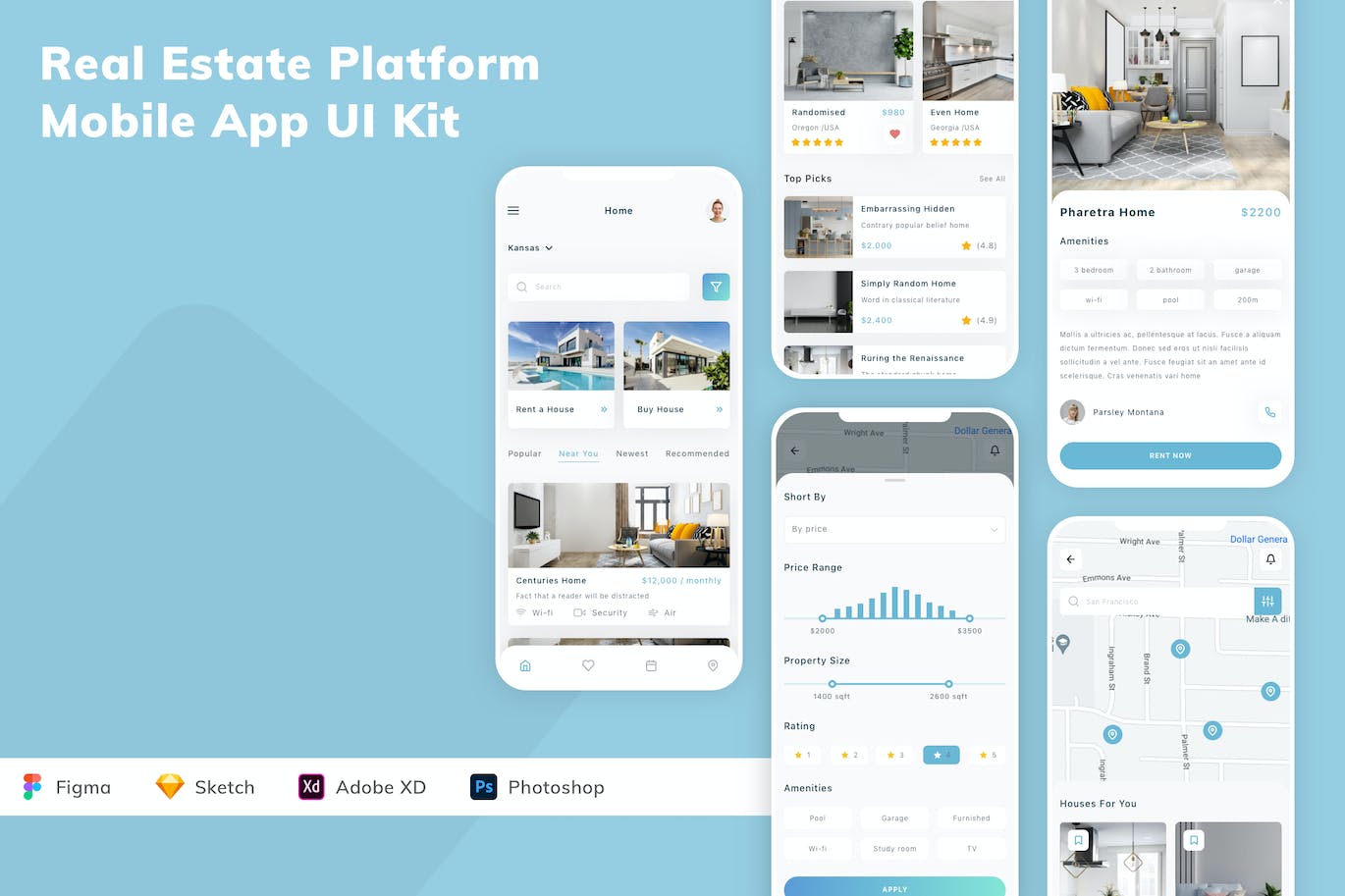 房地产平台App应用程序UI设计模板套件 Real Estate Platform Mobile App UI Kit APP UI sucaiwan.com