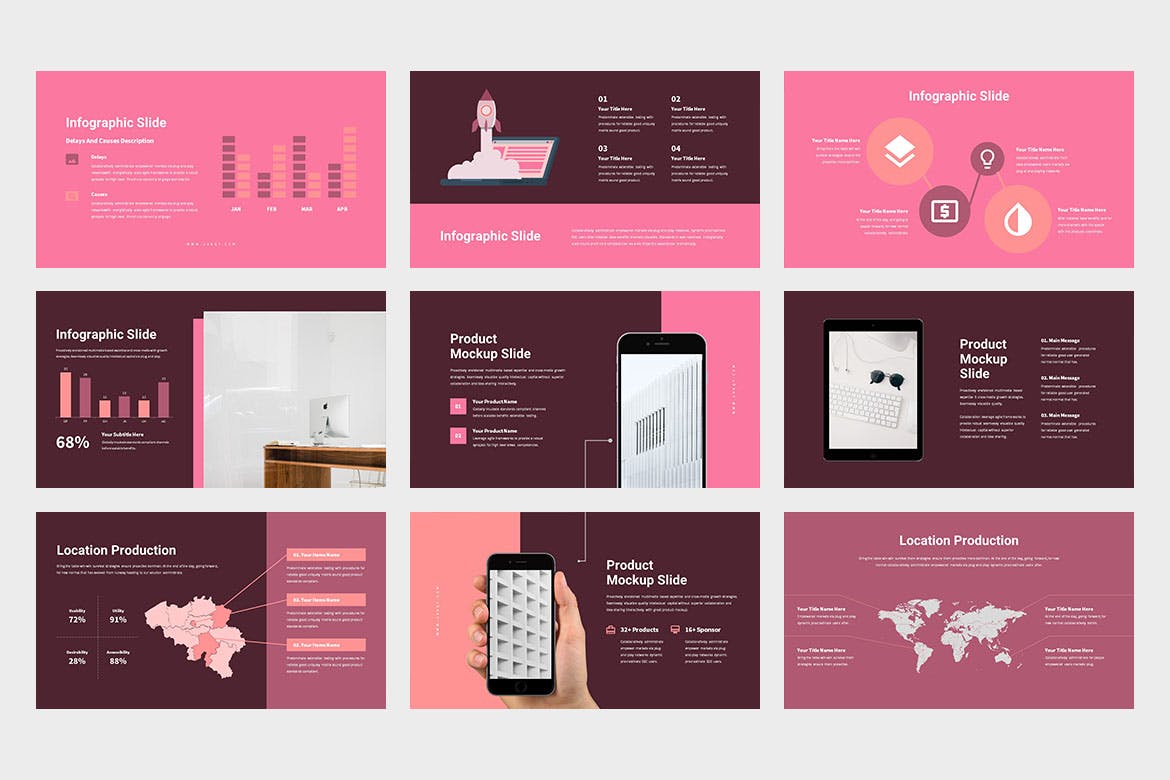 创意粉色PPT模板 Uvaqy : Creative Pink Powerpoint 幻灯图表 sucaiwan.com