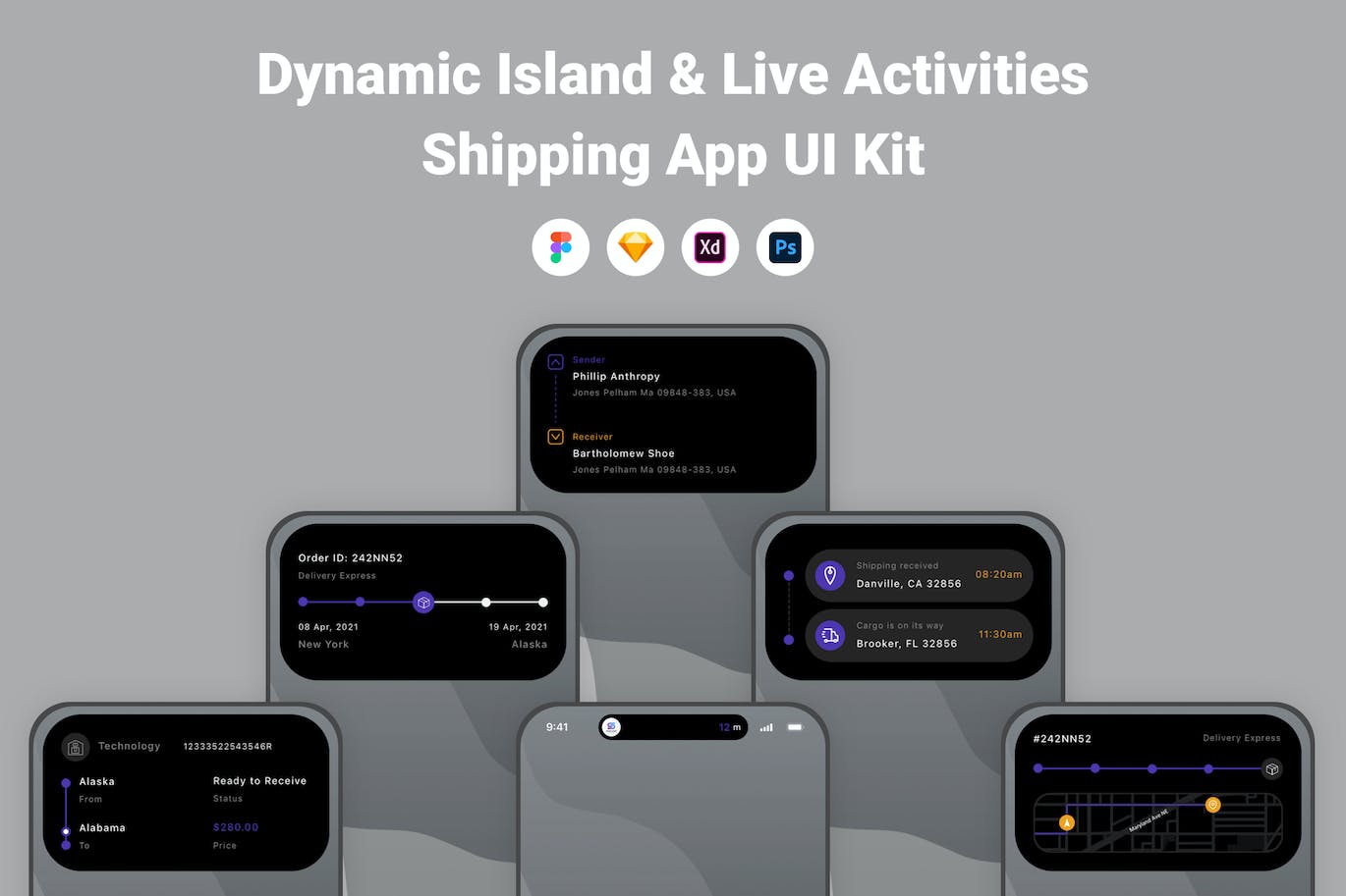 物流包裹应用App灵动岛UI模板套件 Dynamic Island & Live Activities Shipping App UI APP UI 第1张-素材湾丨精选海外优质设计素材资源 物流包裹应用App灵动岛UI模板套件 Dynamic Island & Live Activities Shipping App UI APP UI sucaiwan.com