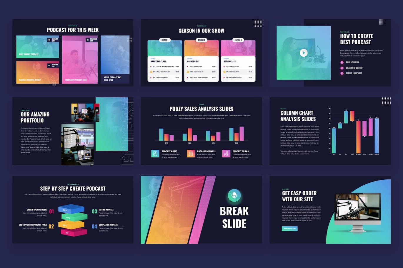 音频播客PPT模板 PODZY – Audio Podcast Powerpoint Template 幻灯图表 sucaiwan.com