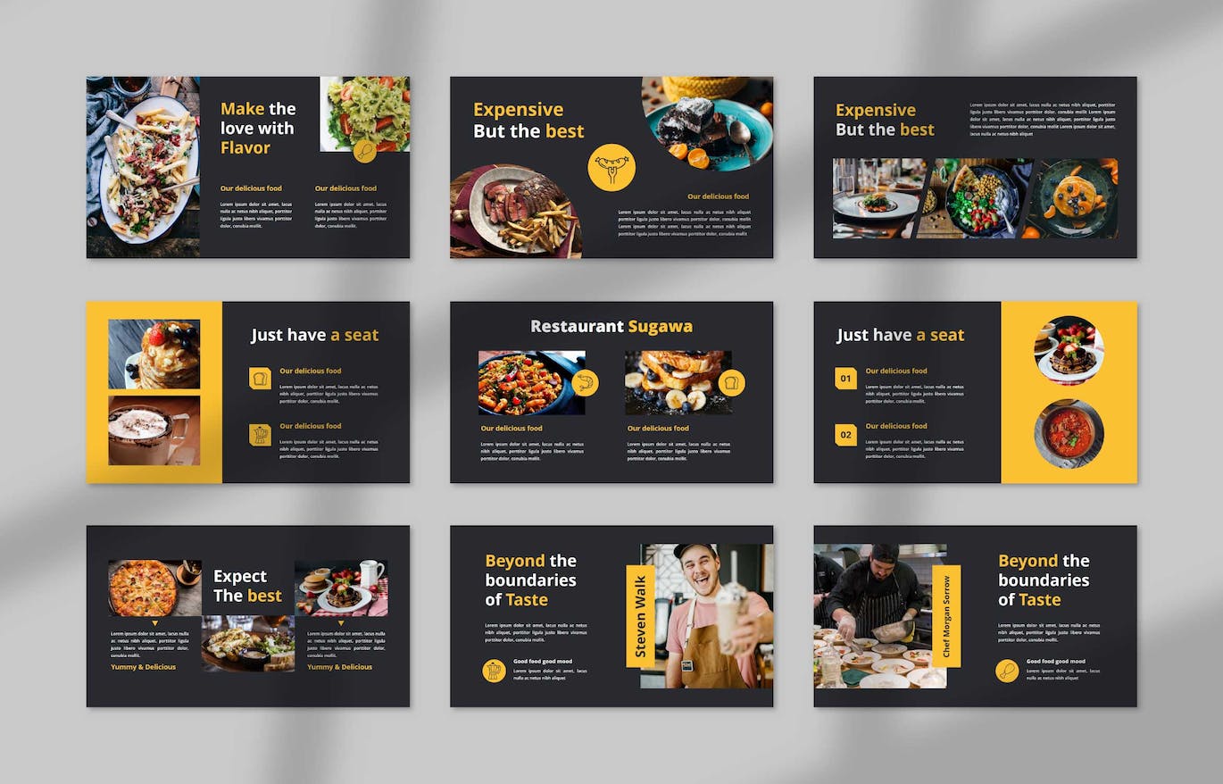 西餐厅美食PPT设计模板 Sugawa Restaurant PowerPoint 幻灯图表 sucaiwan.com