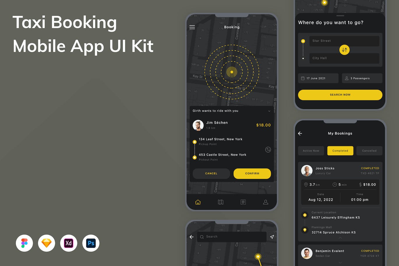 打车叫车移动应用程序App设计UI模板 Taxi Booking Mobile App UI Kit APP UI sucaiwan.com