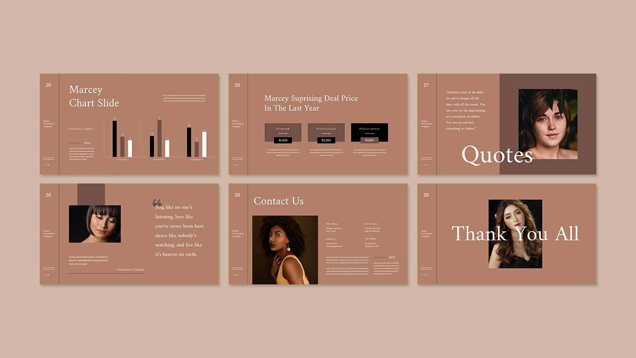 咖啡色美容品牌PPT设计模板 Marcey – Business Presentation PowerPoint Template 幻灯图表 sucaiwan.com