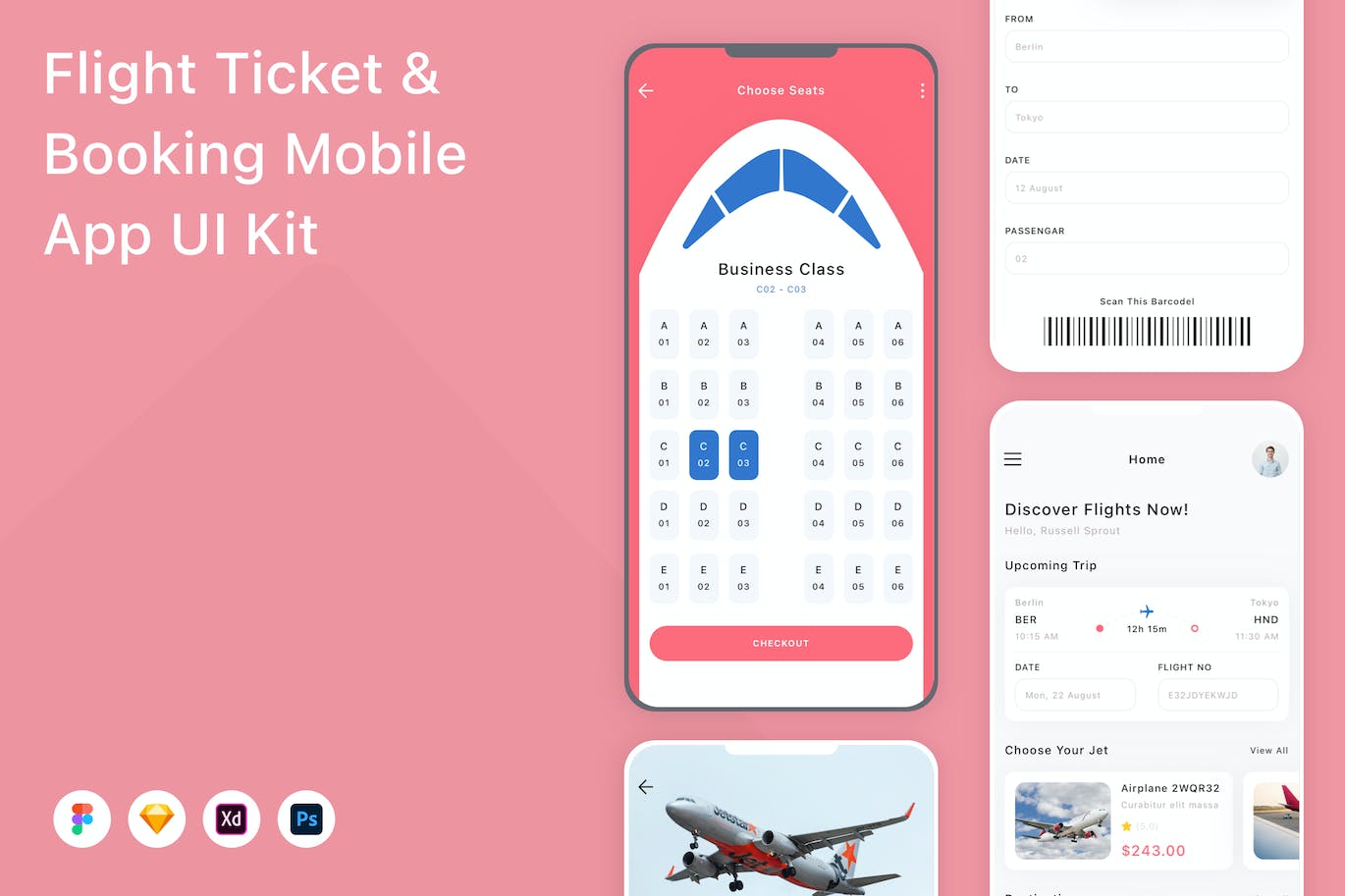 机票预订App应用程序UI设计模板套件 Flight Ticket & Booking Mobile App UI Kit APP UI sucaiwan.com