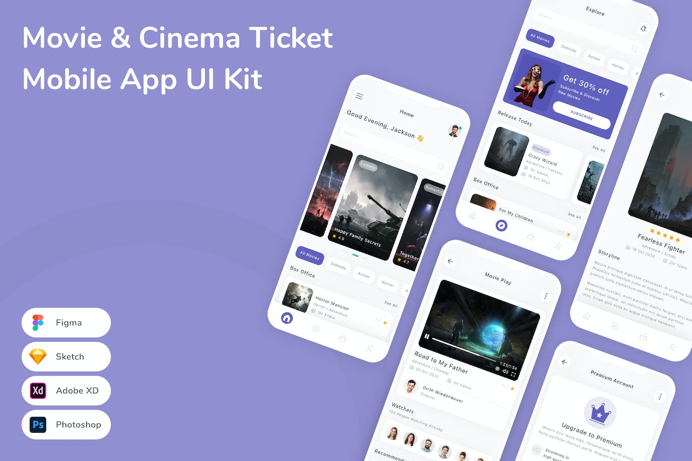 电影和电影票App应用程序UI设计模板套件 Movie & Cinema Ticket Mobile App UI Kit APP UI sucaiwan.com