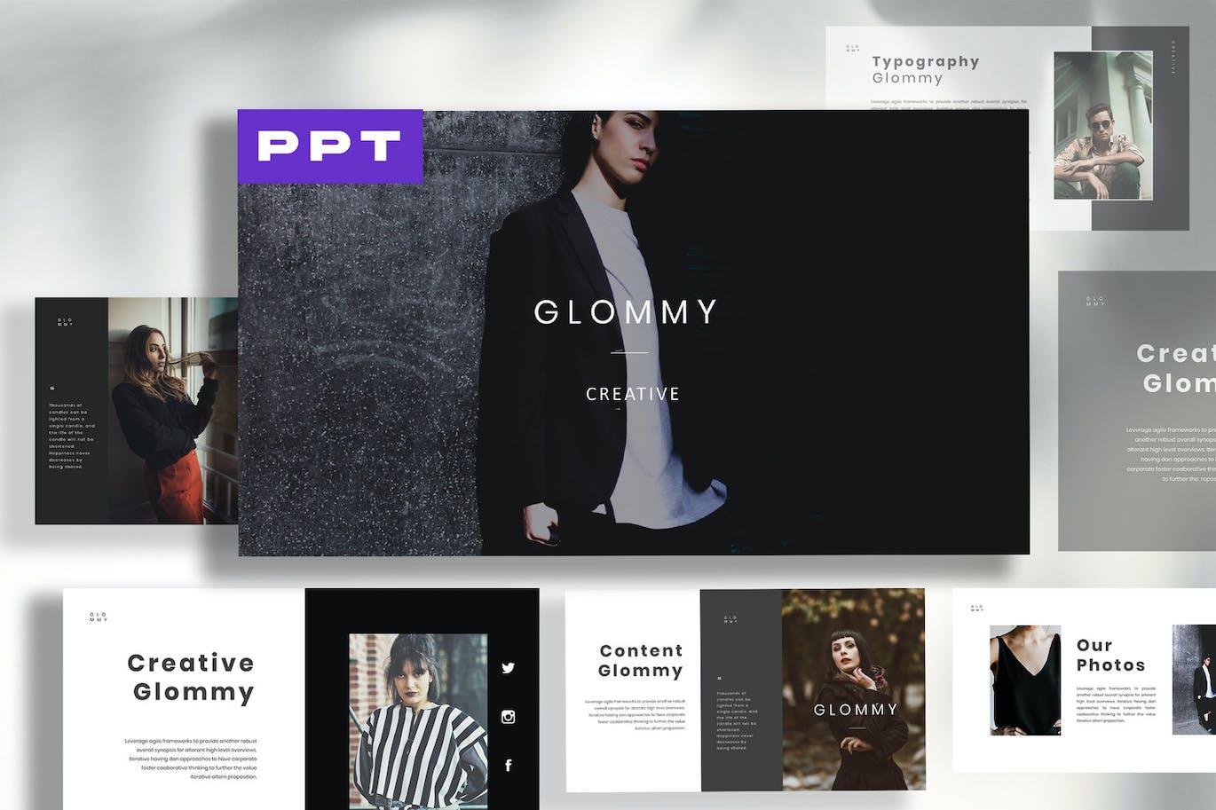 极简服装品牌演示Powerpoint模板 Gloomy Minimal Powerpoint 幻灯图表 sucaiwan.com