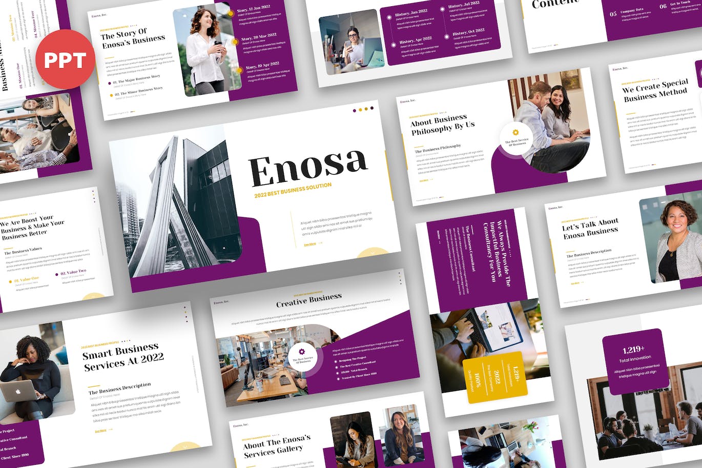 企业文化介绍PPT创意模板 Enosa – Business Powerpoint 幻灯图表 sucaiwan.com