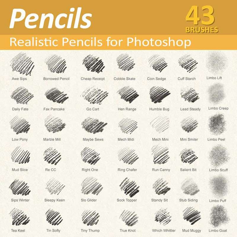 43个Photoshop素描铅笔刷，tpl工具预设 插件预设 sucaiwan.com
