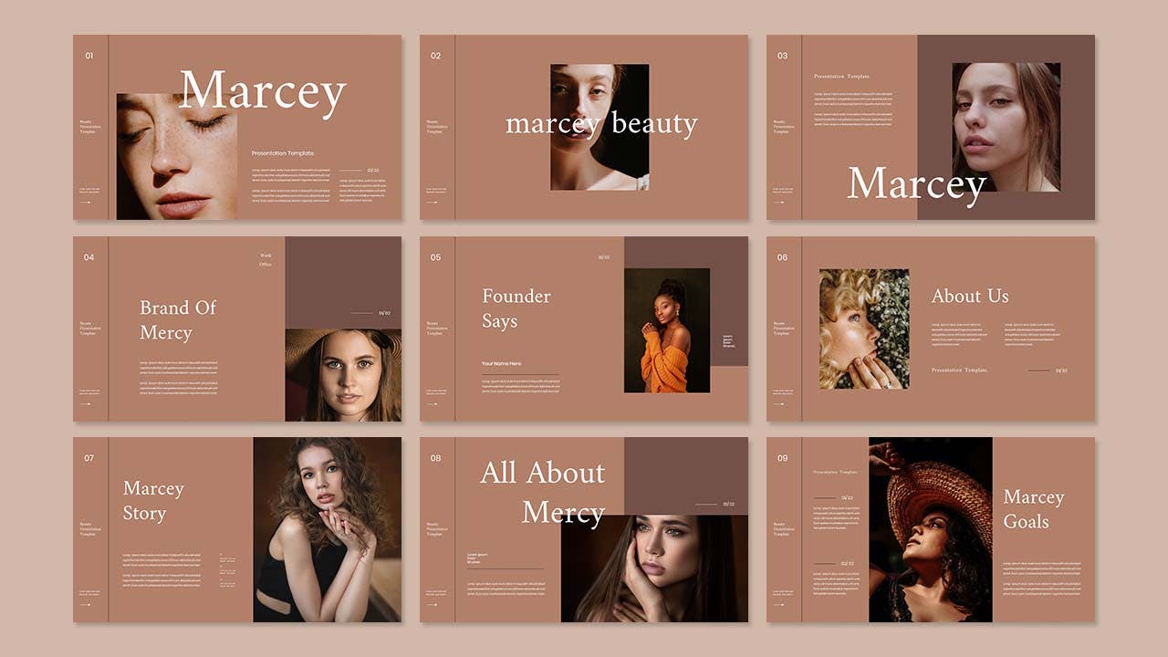 咖啡色美容品牌PPT设计模板 Marcey – Business Presentation PowerPoint Template 幻灯图表 sucaiwan.com