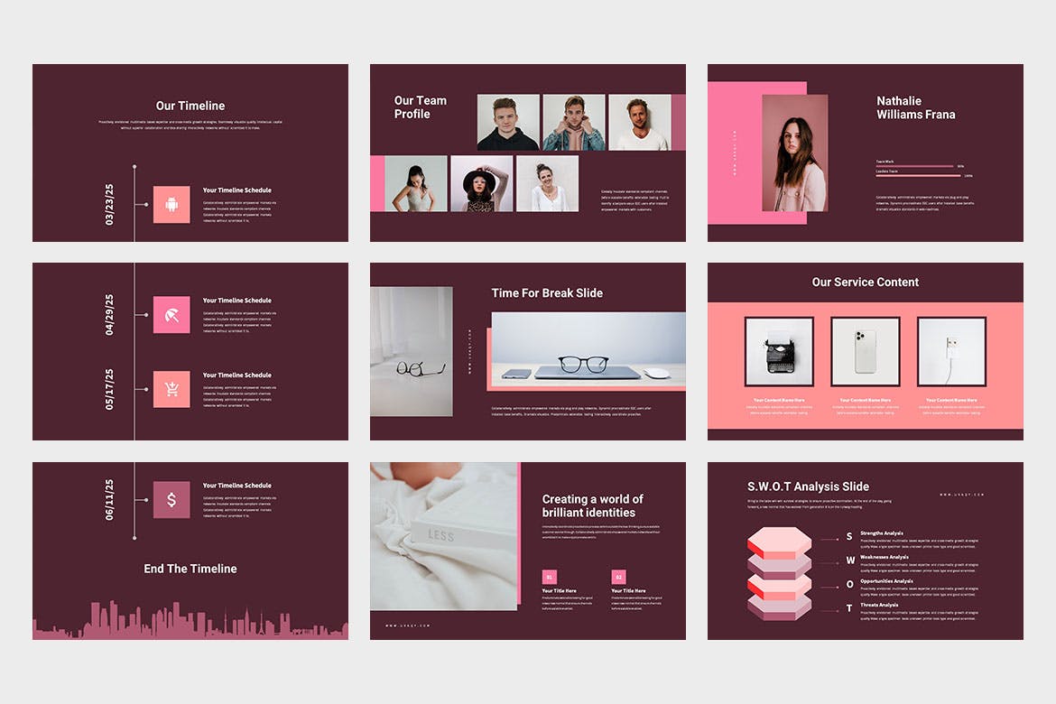 创意粉色PPT模板 Uvaqy : Creative Pink Powerpoint 幻灯图表 sucaiwan.com