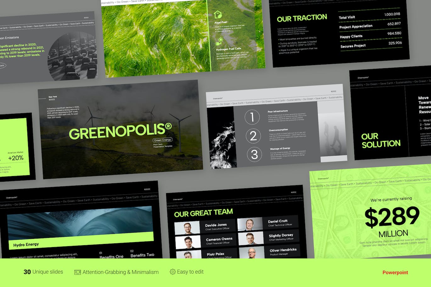 可再生能源业务PPT幻灯片模板 Greenopolis Neon Energy Pitch Deck Powerpoint 幻灯图表 sucaiwan.com