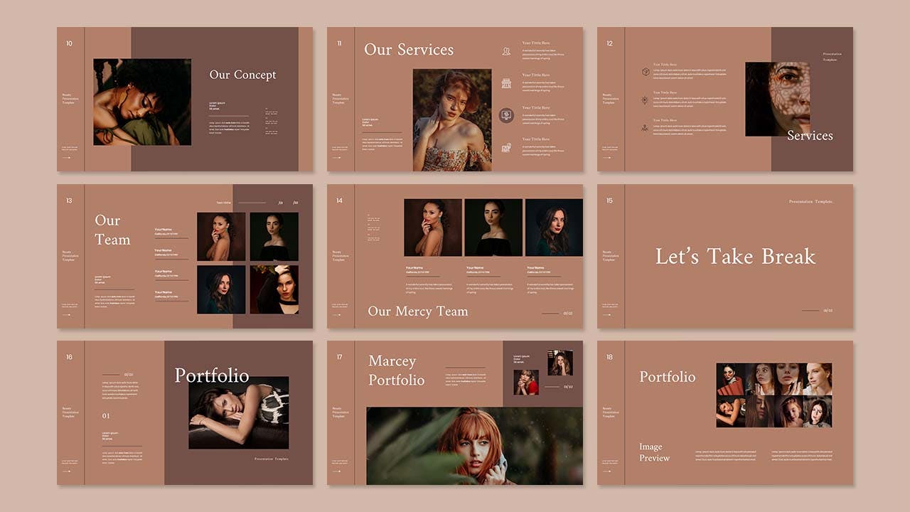 咖啡色美容品牌PPT设计模板 Marcey – Business Presentation PowerPoint Template 幻灯图表 sucaiwan.com