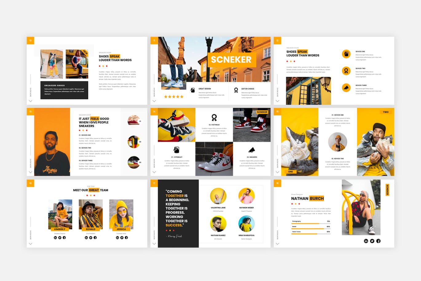 运动鞋品牌PPT幻灯片模板素材 Scneker – Shoes And Sneakers PowerPoint Template 幻灯图表 sucaiwan.com