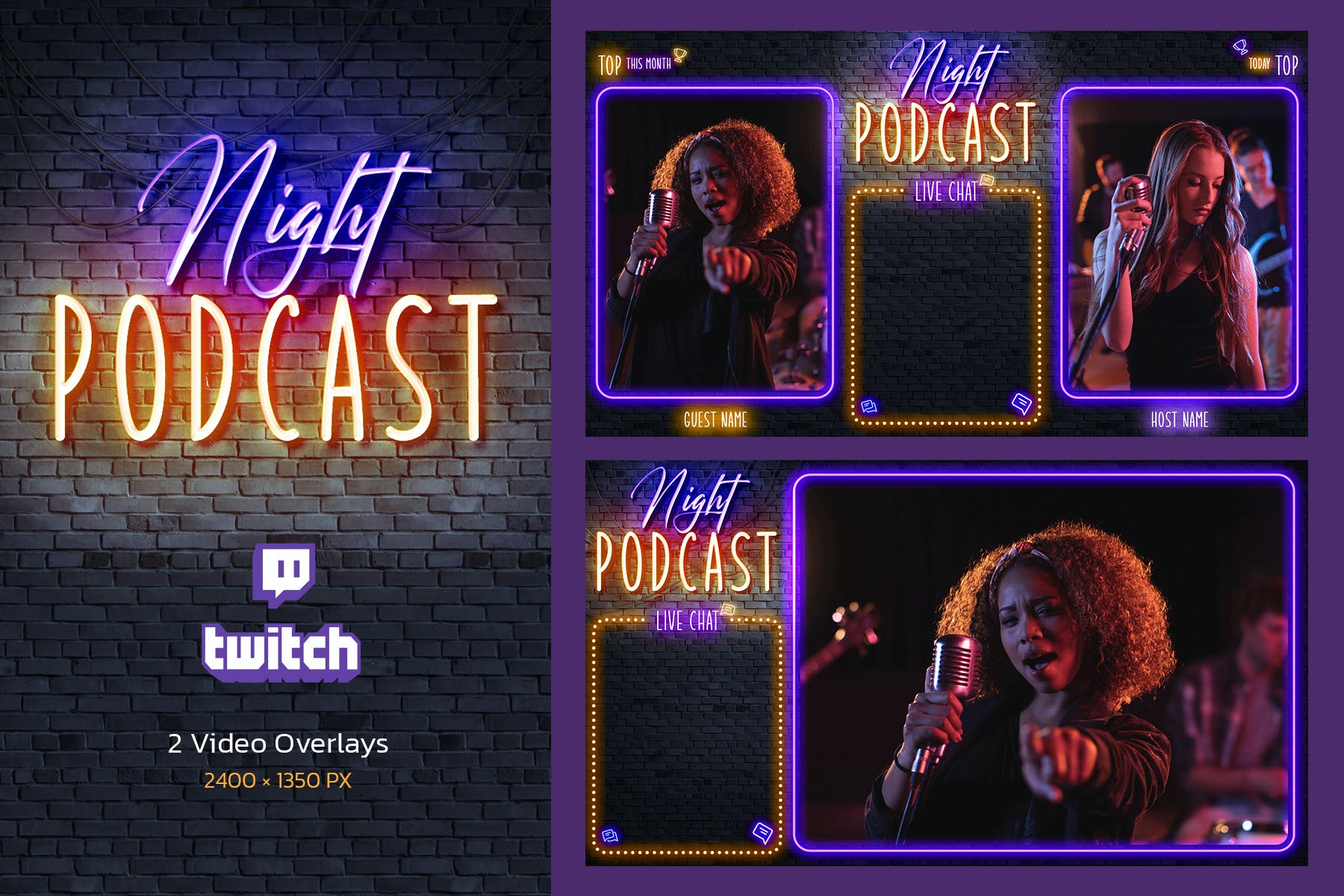 深夜音乐频道Twitch平台界面设计模板 Night Podcast – Twitch Overlay 设计素材 sucaiwan.com