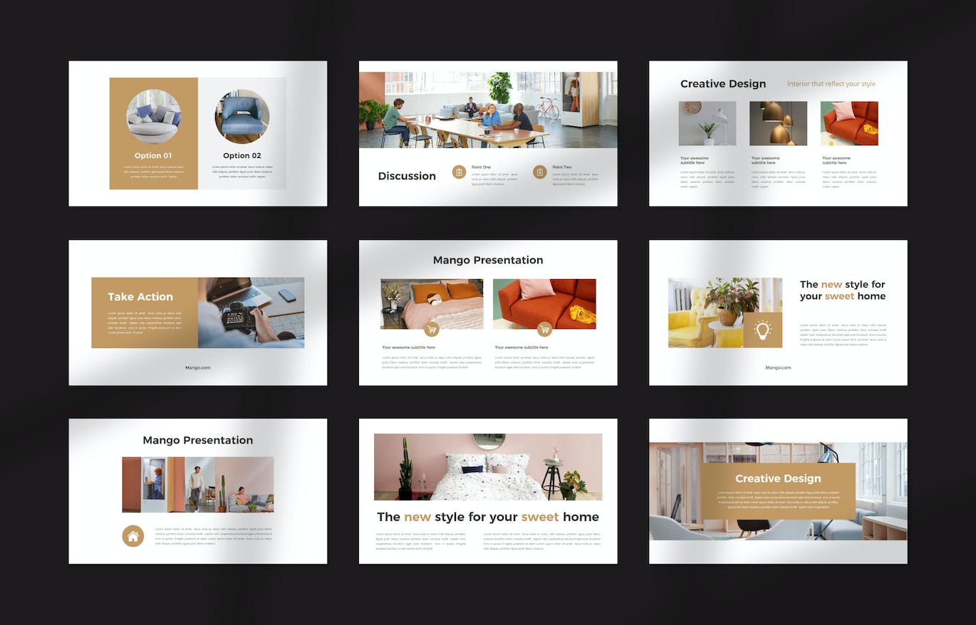 室内家居设计幻灯片演示PPT模板 Mango Interior PowerPoint 幻灯图表 sucaiwan.com