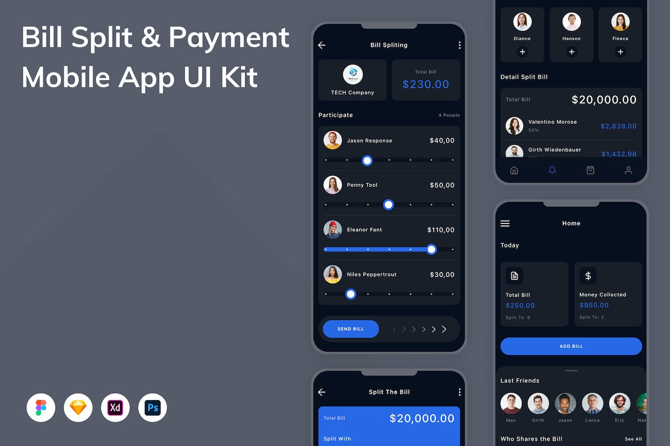 账单拆分和付款移动应用程序App设计UI模板 Bill Split & Payment Mobile App UI Kit APP UI sucaiwan.com