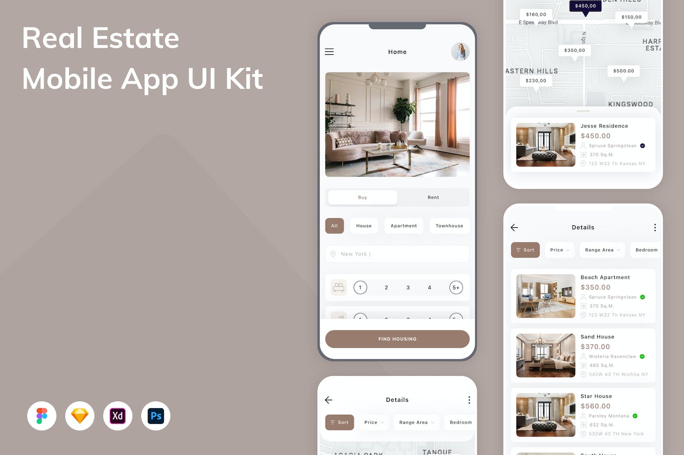 房地产平台App应用程序UI设计模板套件 Real Estate Mobile App UI Kit APP UI sucaiwan.com