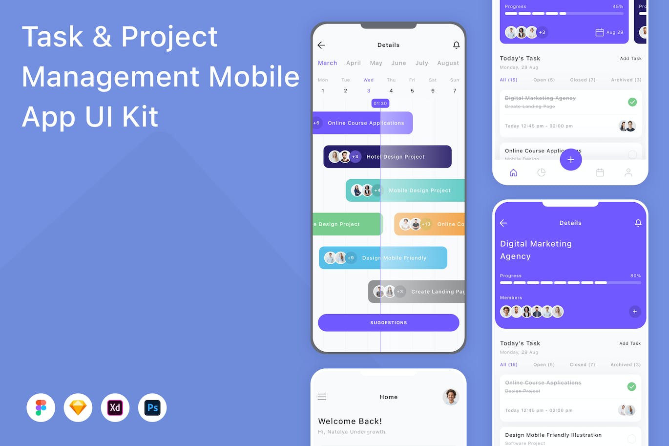 任务和项目管理App应用程序UI设计模板套件 Task & Project Management Mobile App UI Kit APP UI sucaiwan.com