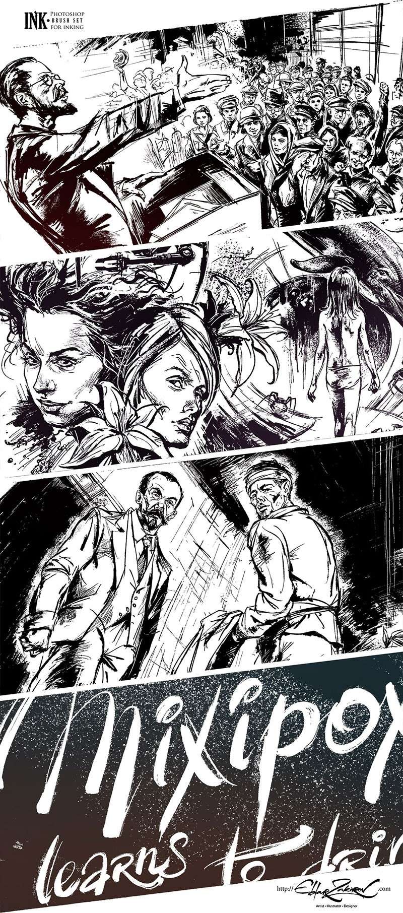 黑白油墨插画Photoshop笔刷套装 笔刷资源 sucaiwan.com