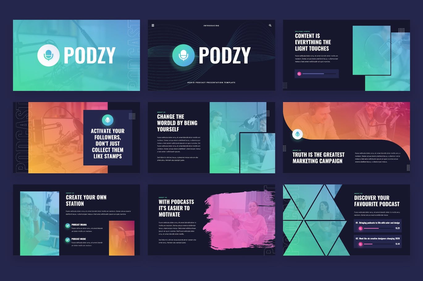 音频播客PPT模板 PODZY – Audio Podcast Powerpoint Template 幻灯图表 sucaiwan.com