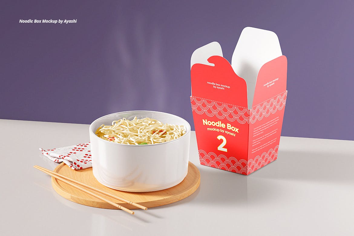 面条碗&面条纸盒样机 Noodle Box with Noodles Mockup 样机素材 sucaiwan.com