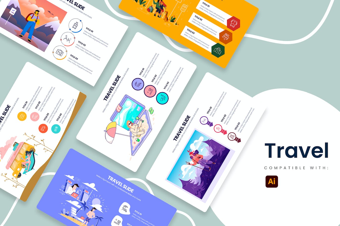 旅行插画信息图表矢量模板 Aesthetic Travel Slides Illustrator Infographics 幻灯图表 sucaiwan.com