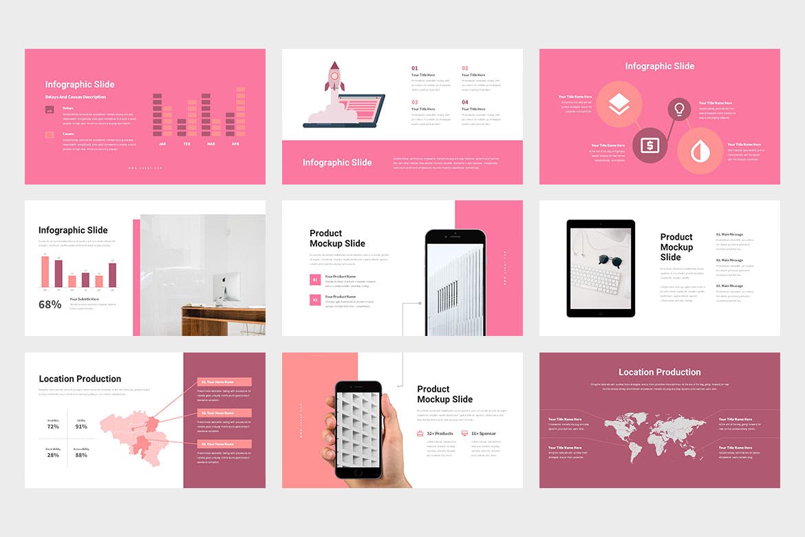 创意粉色PPT模板 Uvaqy : Creative Pink Powerpoint 幻灯图表 sucaiwan.com