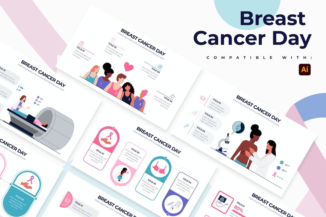 乳腺癌日信息图表矢量模板 Breast Cancer Day Illustrator Infographics 幻灯图表 sucaiwan.com