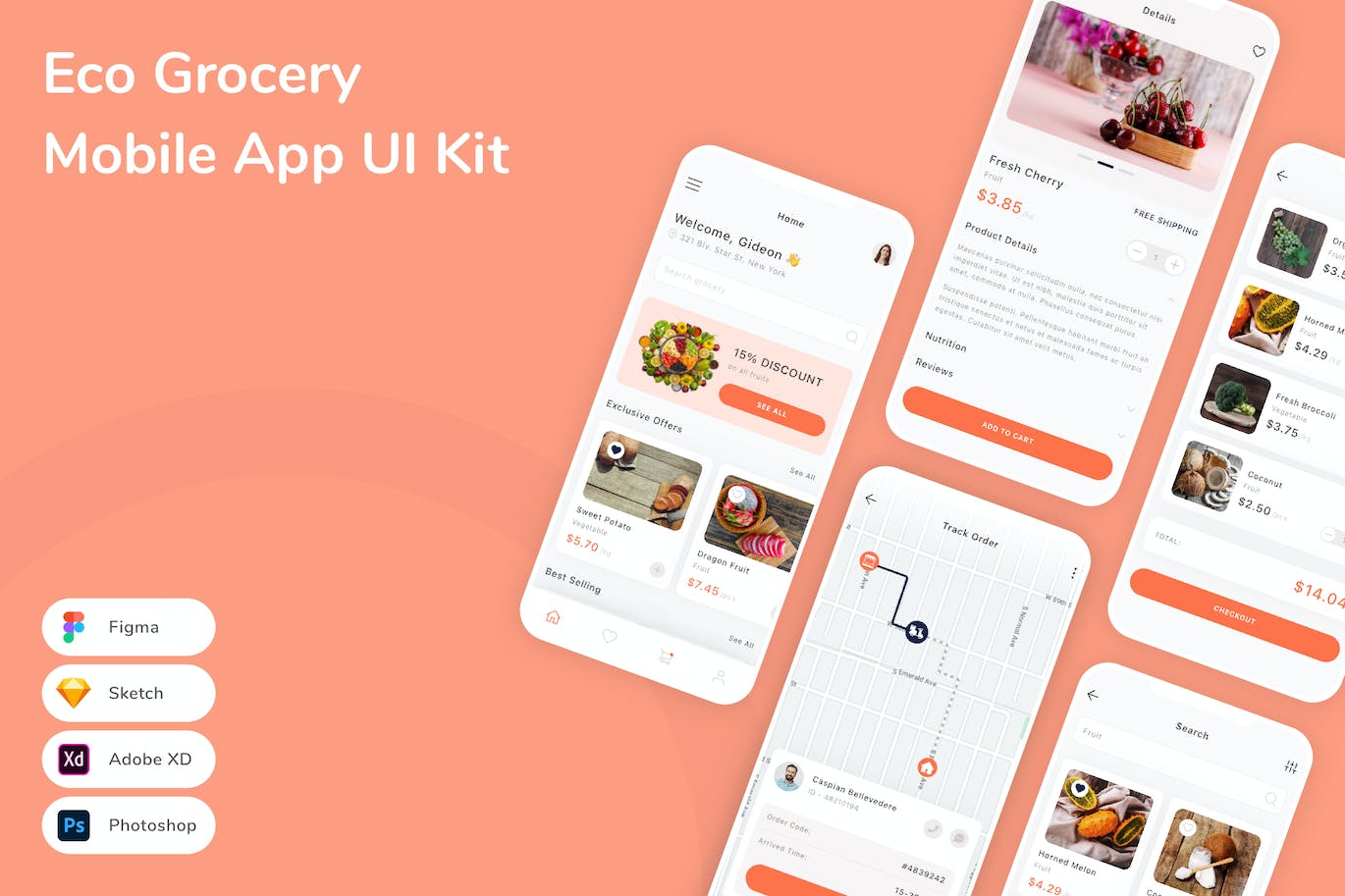 蔬果杂货店App应用程序UI设计模板套件 Eco Grocery Mobile App UI Kit APP UI sucaiwan.com