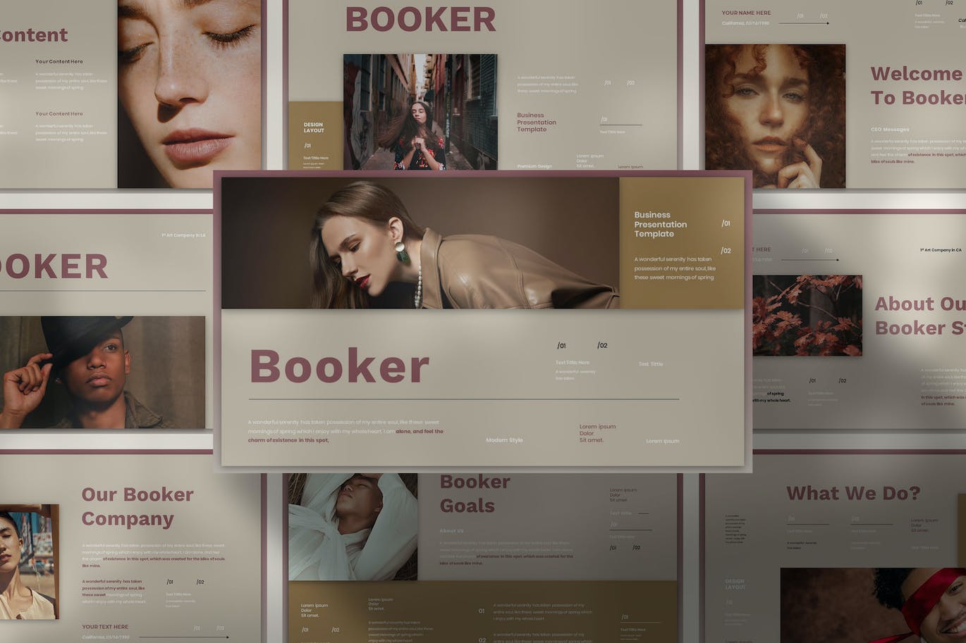 时尚作品集PPT设计模板 Booker – Business Presentation PowerPoint Template 幻灯图表 第1张-素材湾丨精选海外优质设计素材资源 时尚作品集PPT设计模板 Booker – Business Presentation PowerPoint Template 幻灯图表 sucaiwan.com