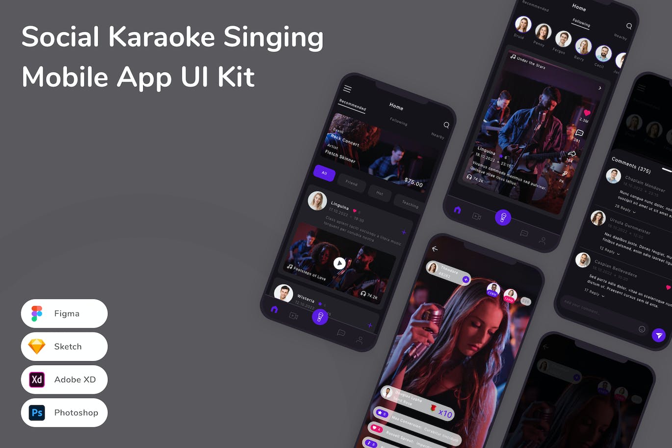 社交K歌App应用程序UI设计模板套件 Social Karaoke Singing Mobile App UI Kit APP UI sucaiwan.com