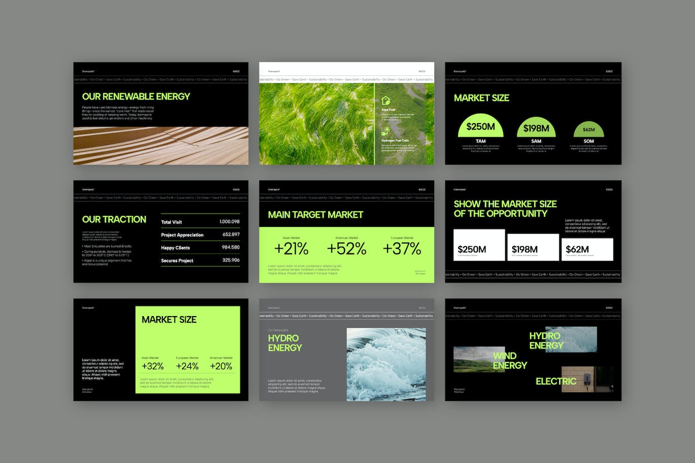 可再生能源业务PPT幻灯片模板 Greenopolis Neon Energy Pitch Deck Powerpoint 幻灯图表 sucaiwan.com