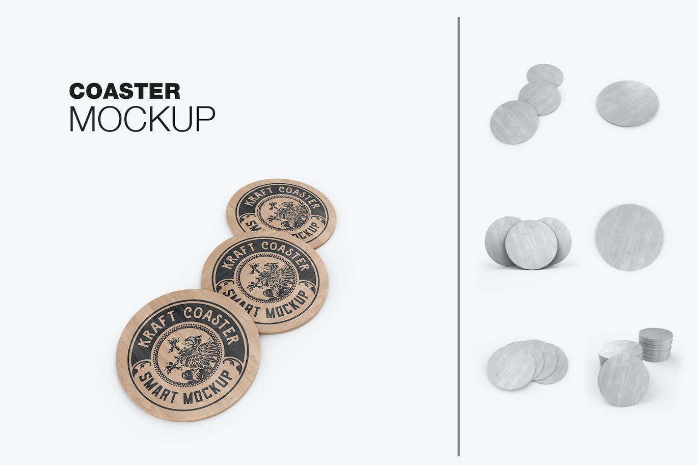 木制圆形杯垫Logo设计样机 Set Round Wooden Coaster Mockup 样机素材 sucaiwan.com