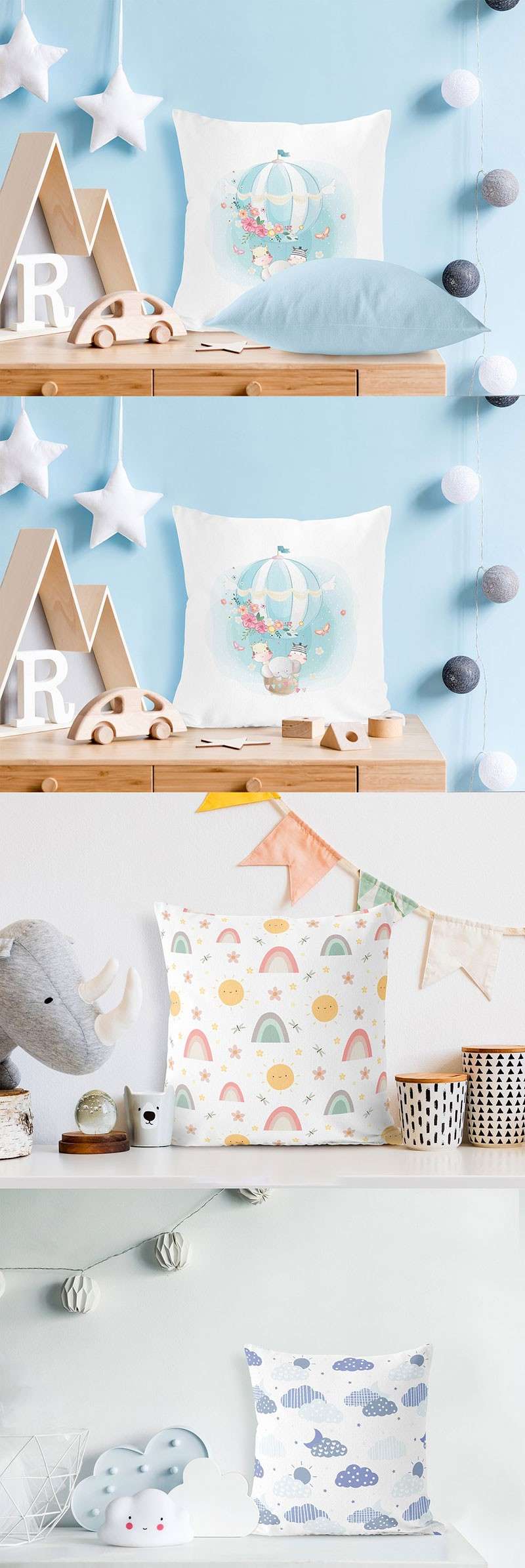 儿童房场景枕头设计展示样机PSD模板 样机素材 sucaiwan.com