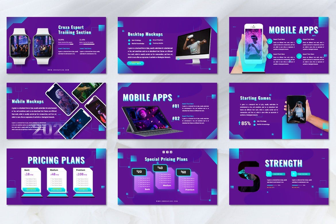 游戏电子竞技PPT模板下载 Croxa – Gaming Esports Powerpoint Template 幻灯图表 sucaiwan.com