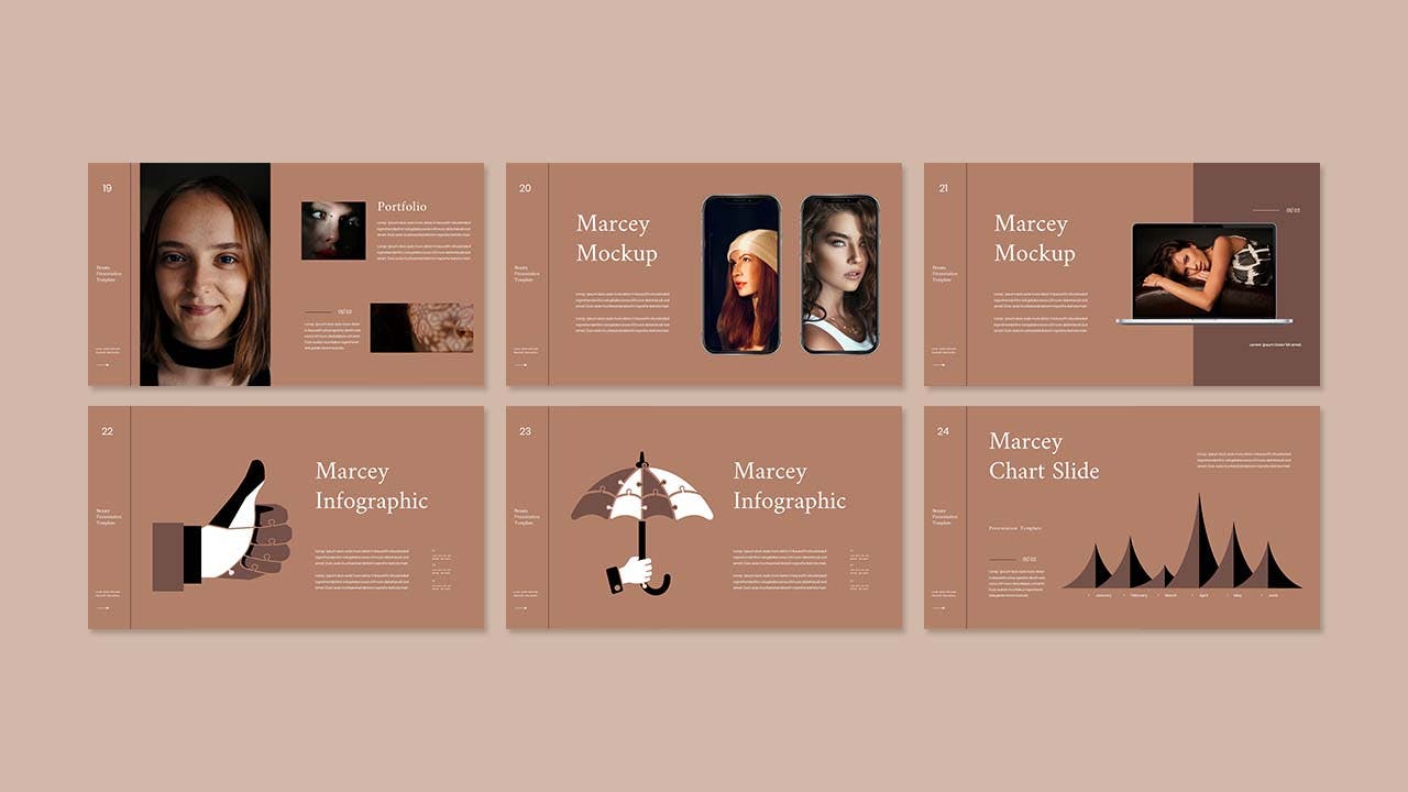 咖啡色美容品牌PPT设计模板 Marcey – Business Presentation PowerPoint Template 幻灯图表 sucaiwan.com