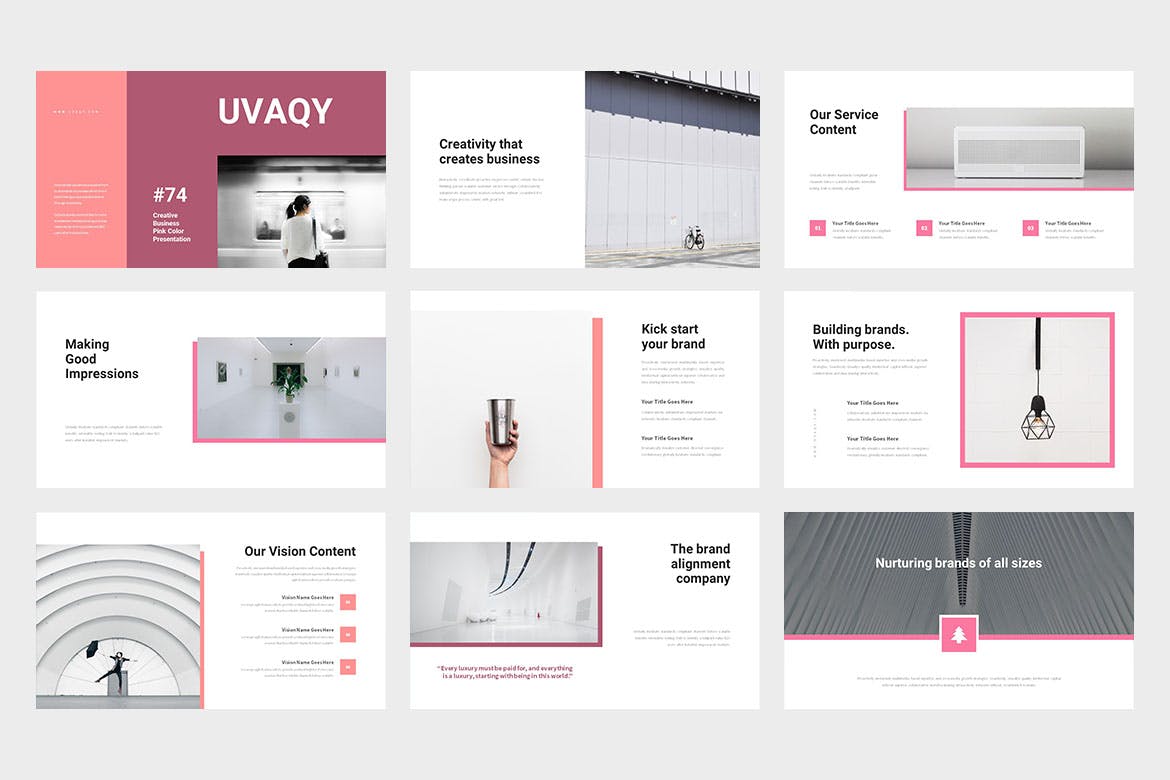 创意粉色PPT模板 Uvaqy : Creative Pink Powerpoint 幻灯图表 sucaiwan.com