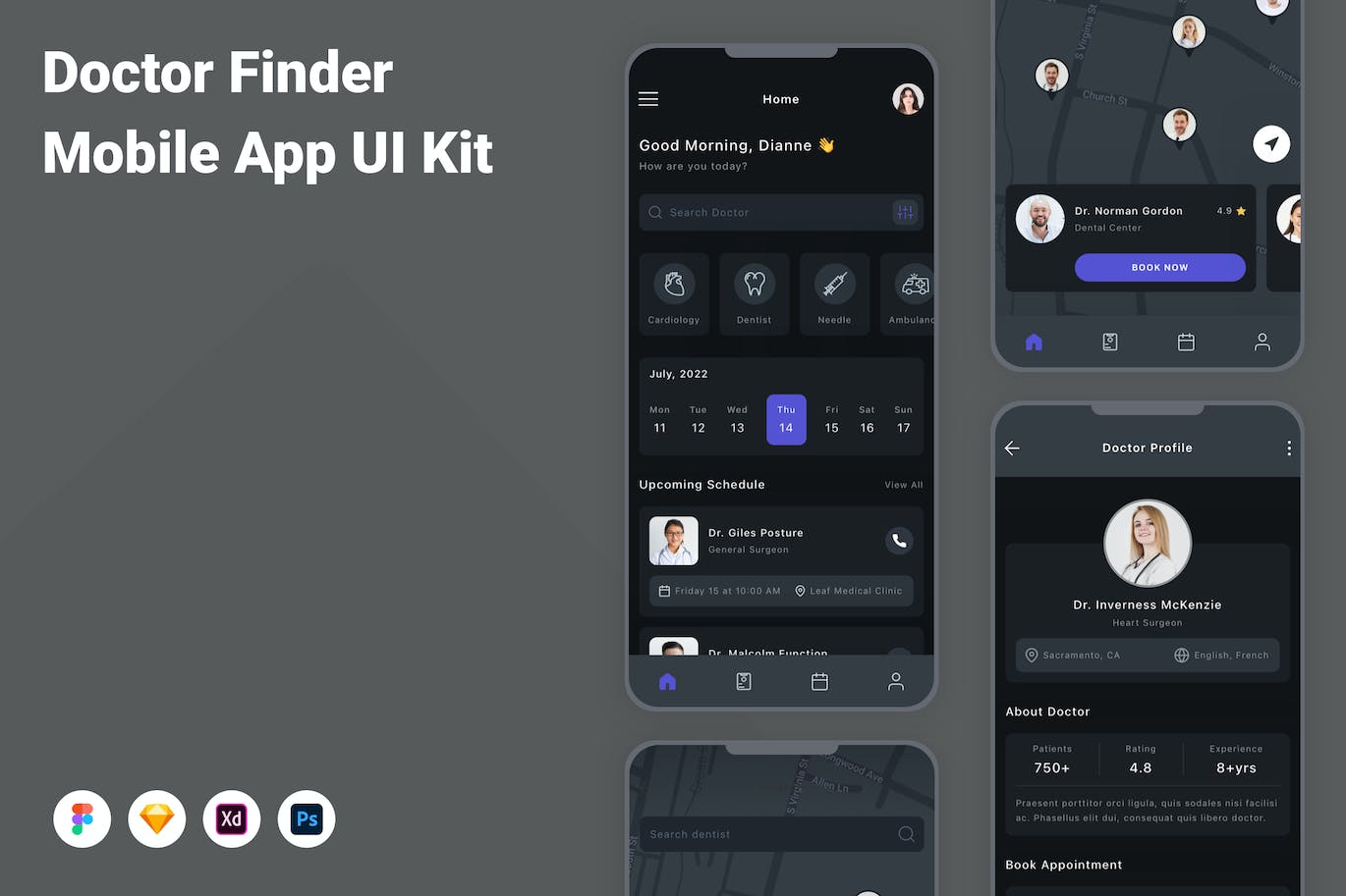 医生查找App应用程序UI设计模板套件 Doctor Finder Mobile App UI Kit APP UI sucaiwan.com