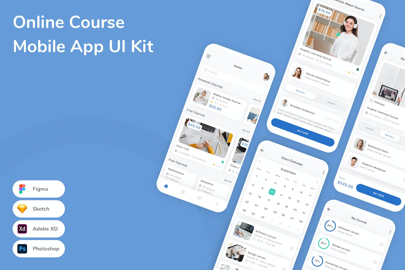 在线课程App应用程序UI设计模板套件 Online Course Mobile App UI Kit APP UI sucaiwan.com
