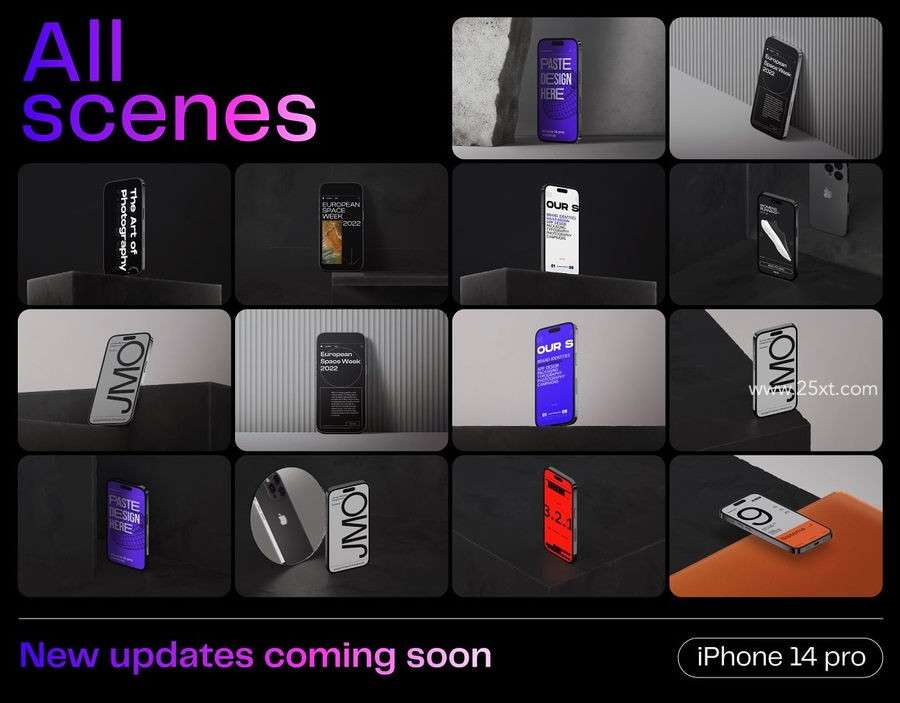 iPhone14 Pro手机暗色场景样机模板PSD 样机素材 sucaiwan.com